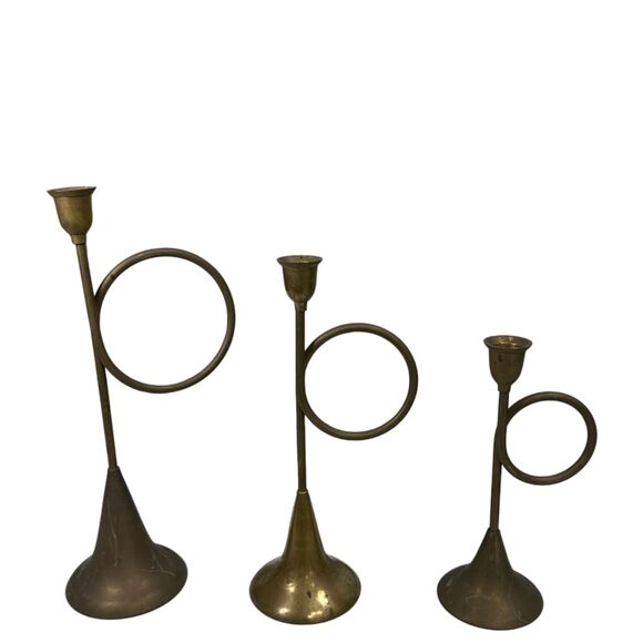 Vintage Brass Horn Trumpet Candle Holders Set of 3 - Picture 1 of 5